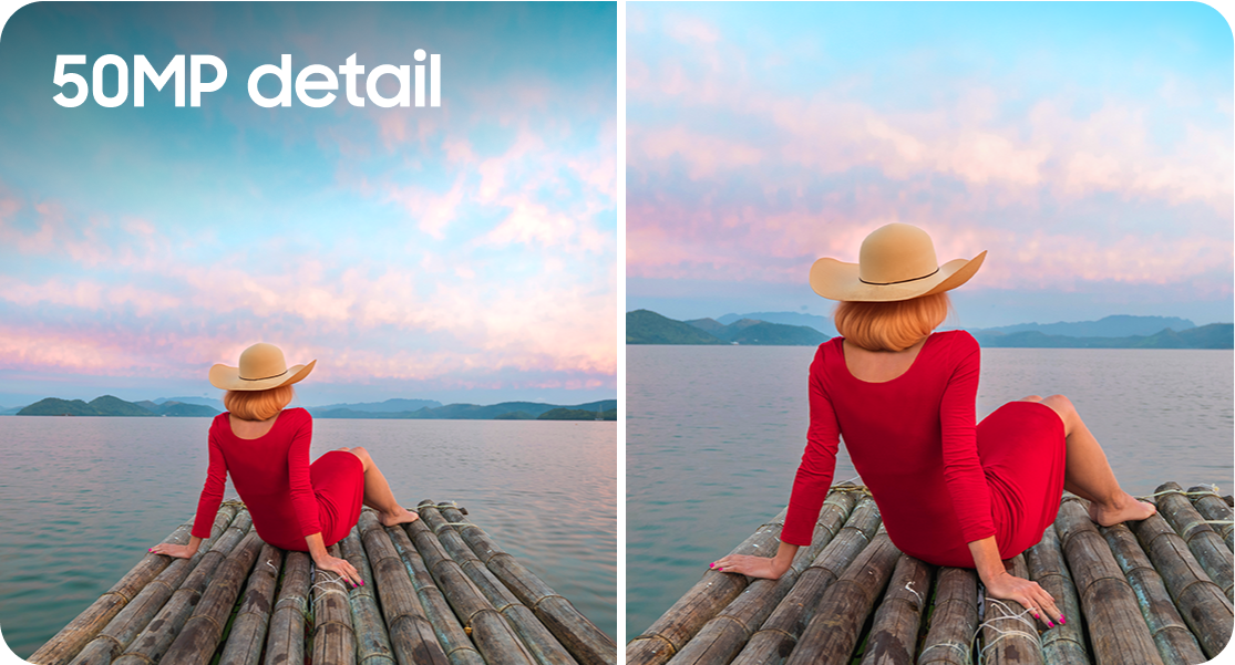 a woman in a red dress and a hat sitting on a wooden raft