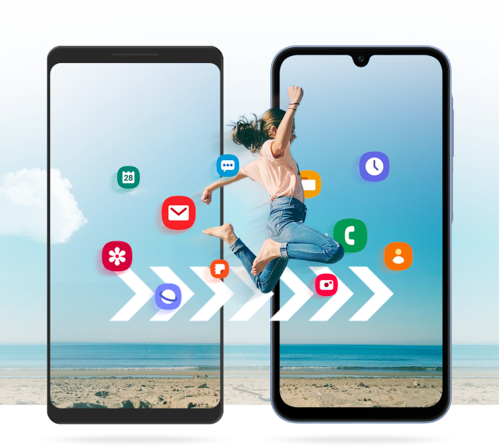 Two mobile phones with illustrated icons and a woman jumping from screen to screen to illustrate moving your contents from one device to another.