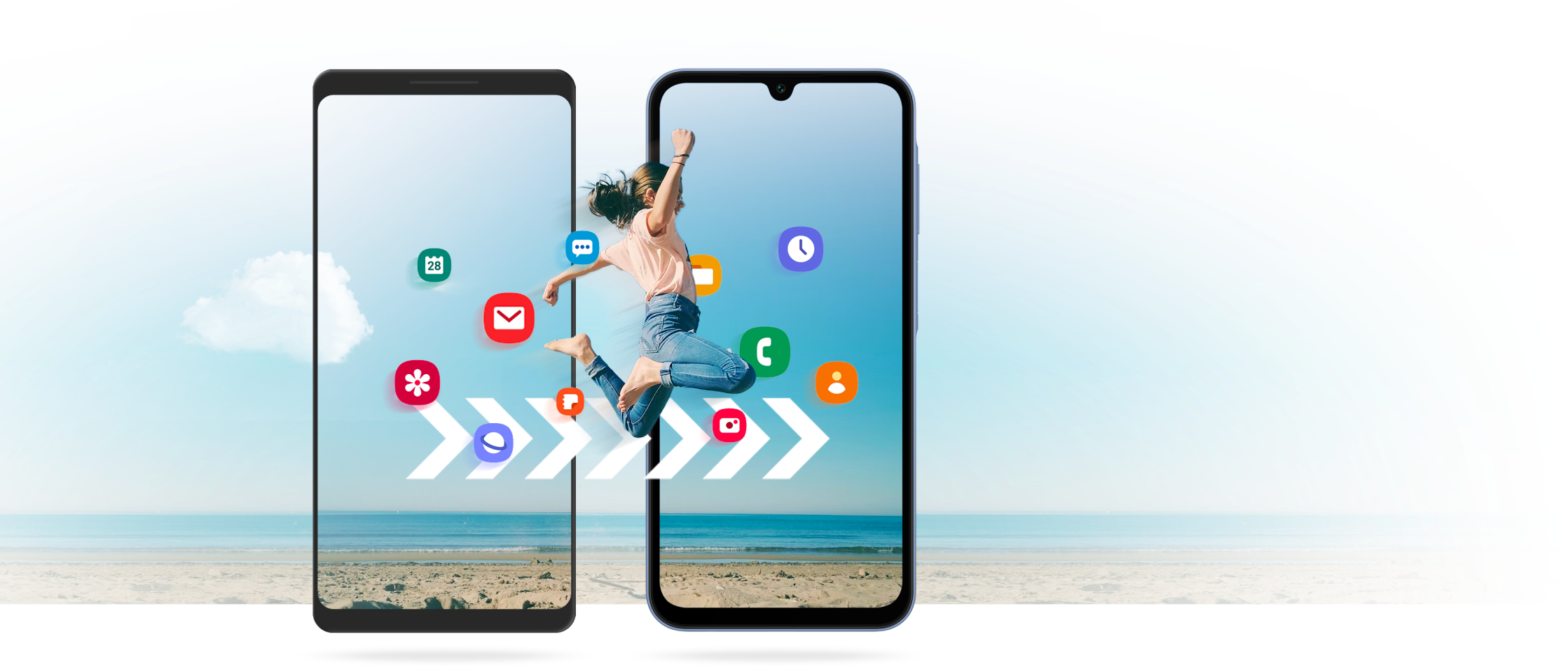 Two mobile phones with illustrated icons and a woman jumping from screen to screen to illustrate moving your contents from one device to another.