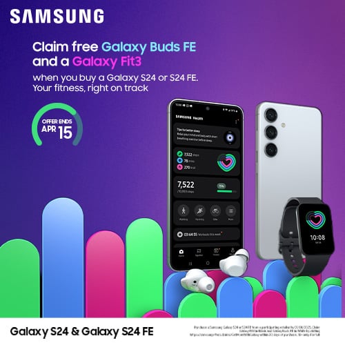 Claim free Galaxy Buds FE and a Galaxy Fit3 when you buy a Galaxy S24 or Galaxy S24 